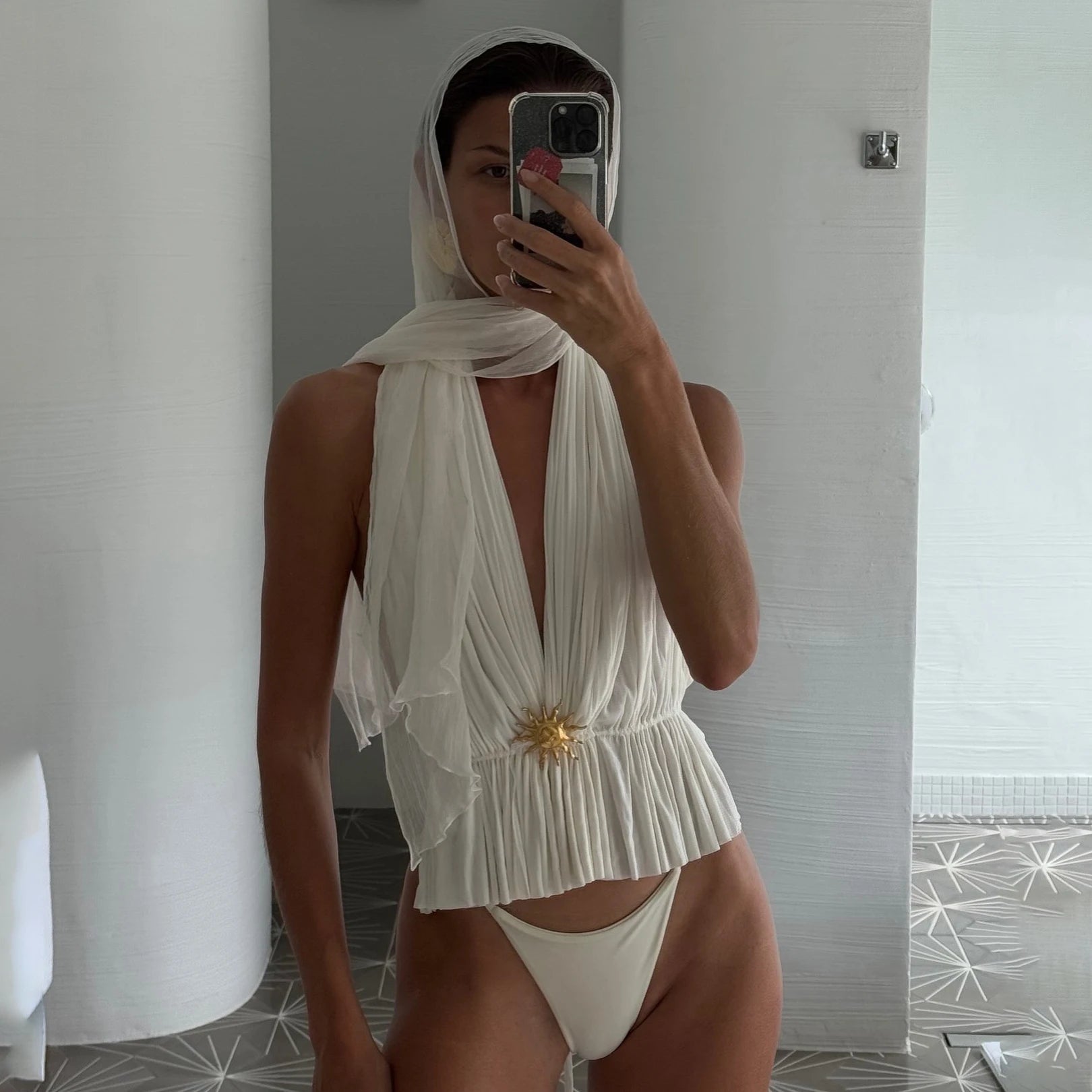 3Pcs White Swimsuit Women Sexy Swimwear Female Halter Bikini Push Up Biquini Long Skirt Deep V Bathingsuit Bodysuit Beachwear voguable