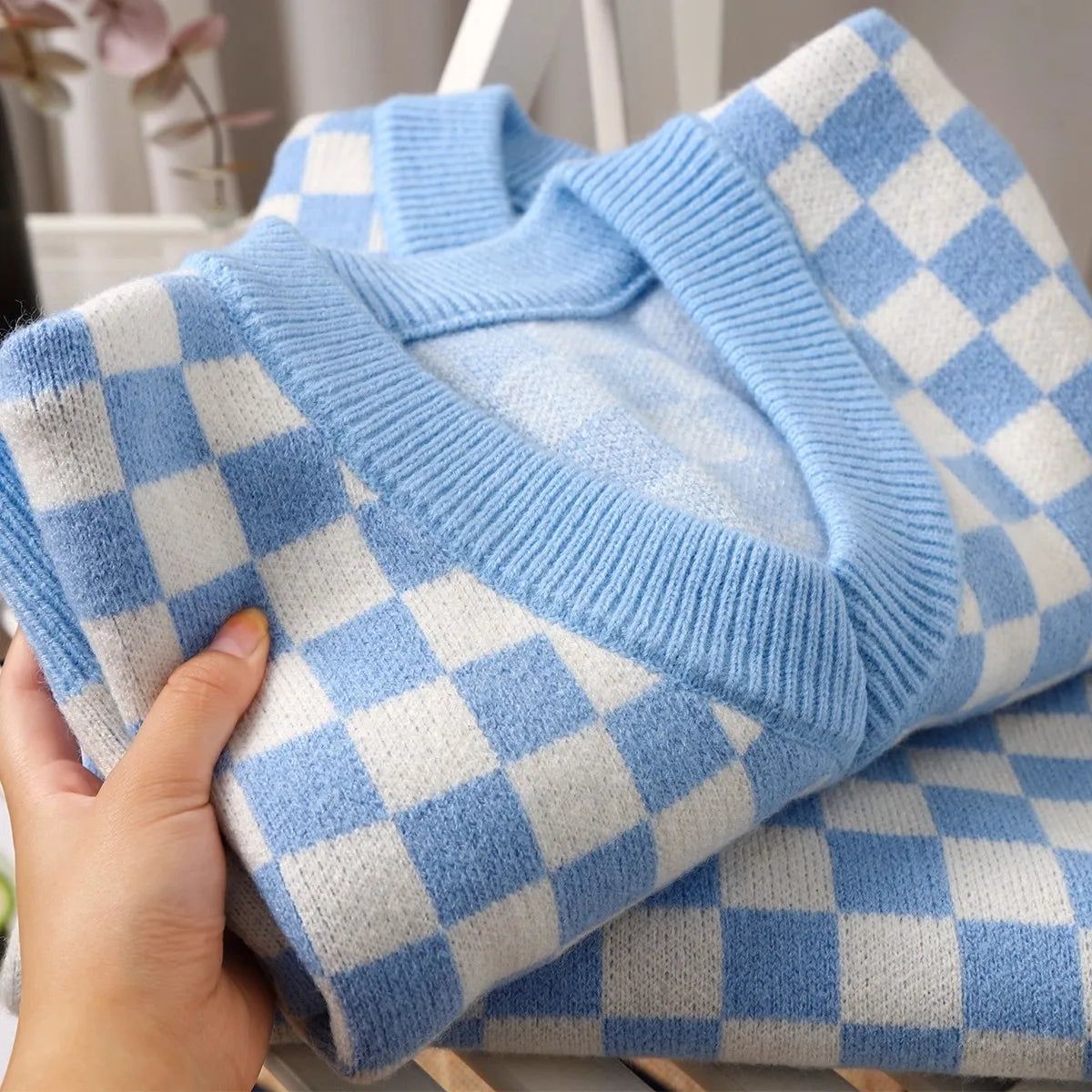 Checkered Sweater Vest Women Blue and White Checkerboard Sleeveless Knit Top Teen-girl Y2K Preppy Style Outfit voguable