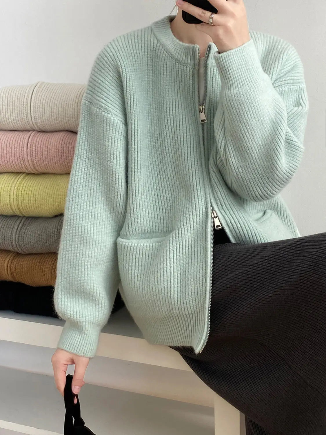 Sweater Cardigan Women Autumn Double Zipper Casual Korean Knitwear Coat Solid Color Loose Soft Long Sleeve Jackets Outerwear voguable
