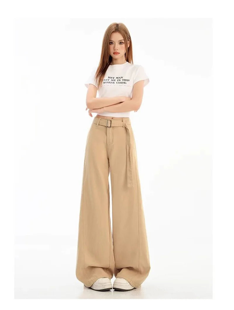 Belt Retro Khaki Jeans Women Y2K High Waist Loose Streetwear Denim Pants Casual American Vintage Autumn Wide Leg Trousers voguable