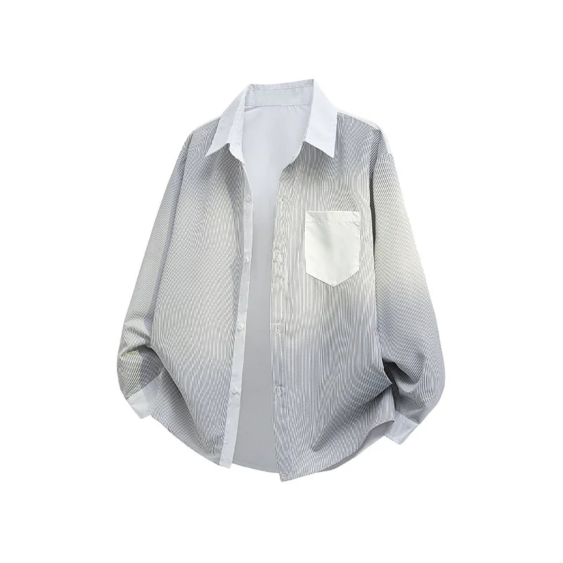 Voguable  Men's Oversized Striped Color Block Casual Shirt with Chest Pocket Single Breasted Trendy Streetwear Style voguable