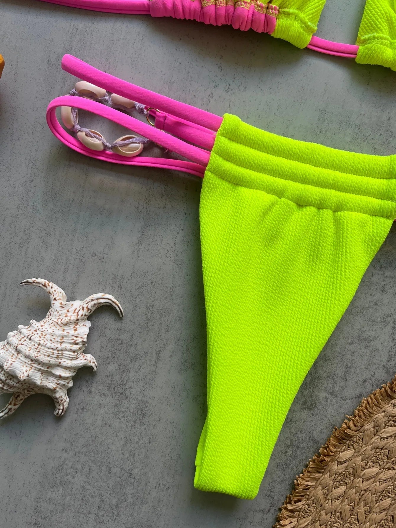 Voguable  Sexy Neon Green Patchwork Bikini Set Women Shell Strap Push Up Bra Hollow Out Thong Swimsuit Beach Bathing Suit Swimwear voguable