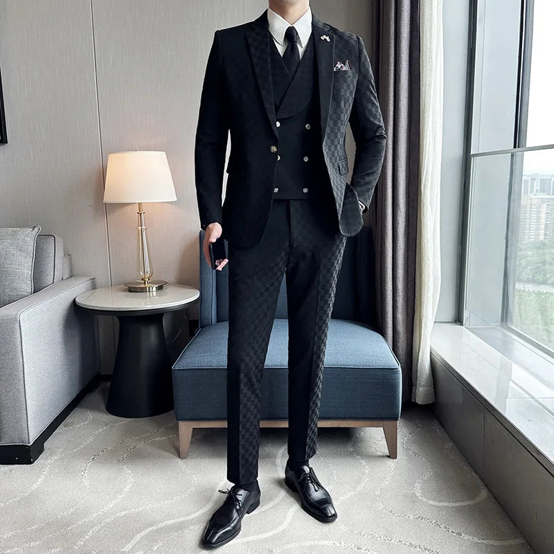 Voguable （Jacket+Vest+Pants）Classic Plaid Korean Slim-fit Men's High-end Banquet Dress Suit Fashion Men Formal Business Social Host Suit voguable