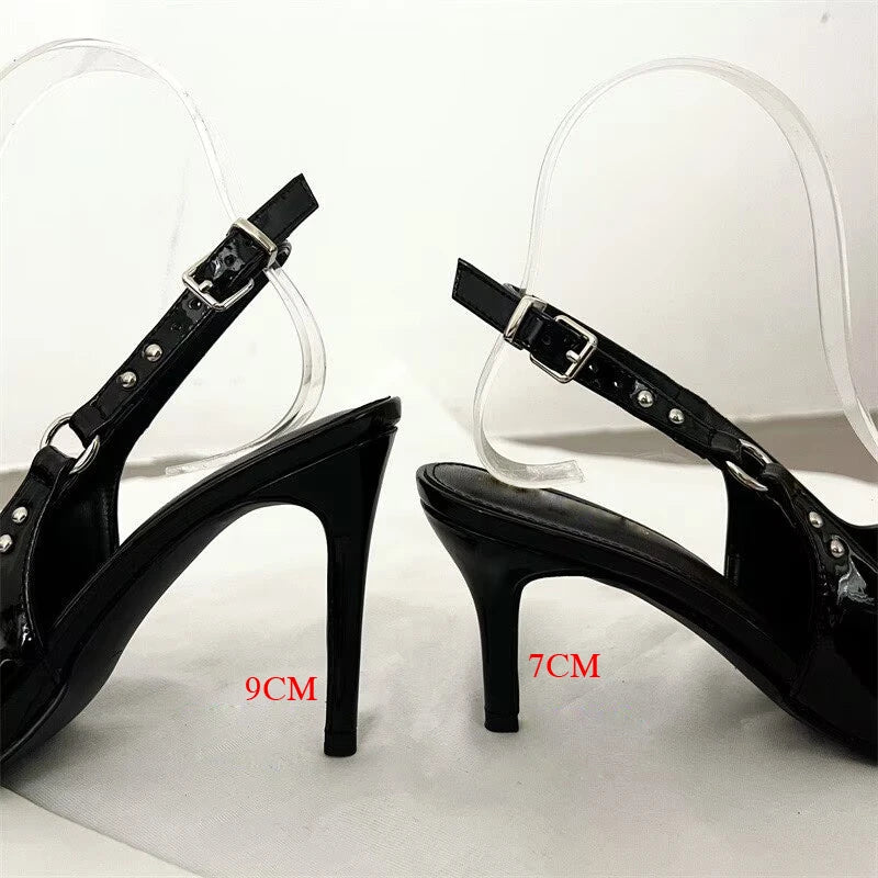 Voguable  Women Pumps Elegant Rivet Buckle Strap Pointed Toe Sandals Sexy Thin Heels Striptease Prom Mules Shoes voguable