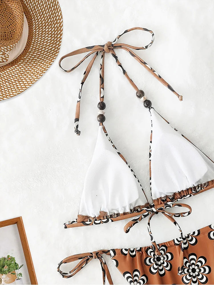 Voguable  Sexy Sportswear for Women Fashion Vintage Sleeveless Swim Print Backless New Spring Summer Two Piece Suits Bikinis Set voguable