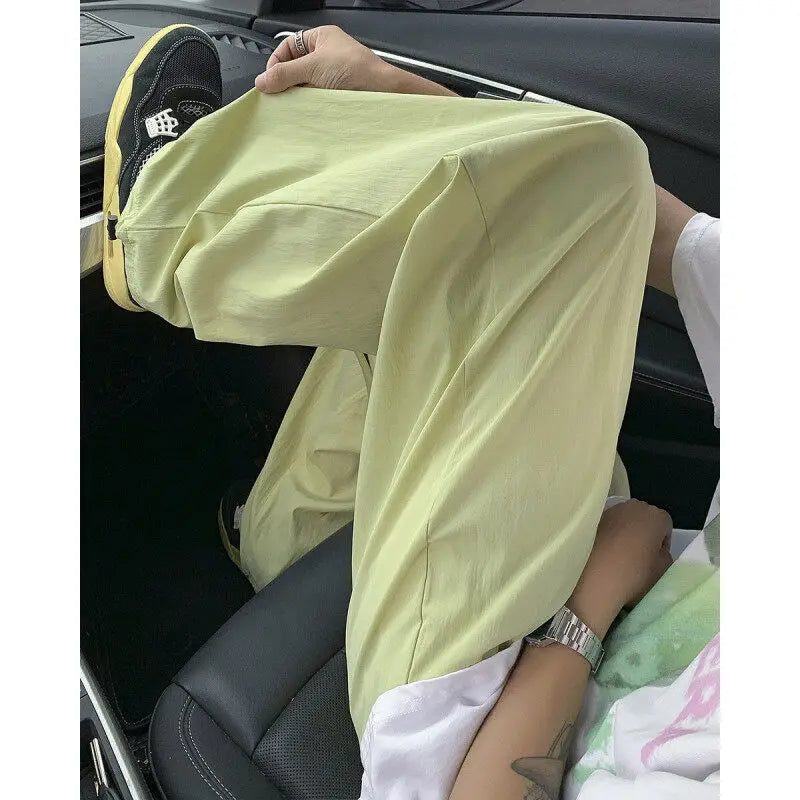 Summer Thin Casual Pants Men Fashion Pink Wide Leg Pants Men Streetwear Hip-hop Loose Straight Ice Silk Pants Mens Trousers voguable