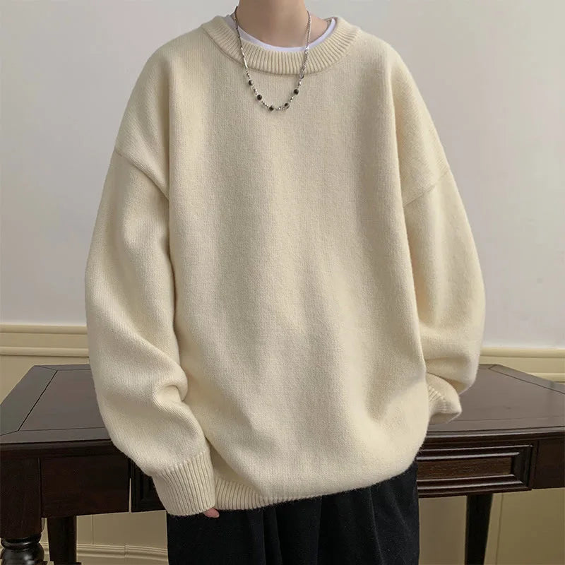 New Japanese Retro Men Knitted Sweater Light Luxury Casual O Neck Solid Color Long Sleeve Pullovers Loose High Street Knitwear voguable