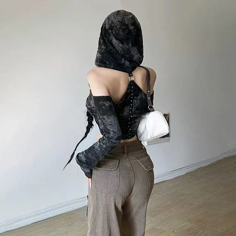 Y2K Hollow Out Hooded Women T Shirt Gothic Streetwear Sexy Off Shoulder Long Sleeve Tops Autumn New Fashion Slim Black Crop Tees voguable