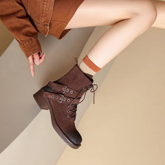 New Retro Lace-up Cow Suede Leather Women Ankle Boots Thick Heels Office Ladies Working Shoes Woman Winter Platform Shoes voguable