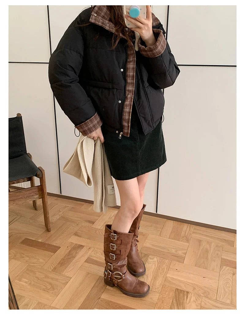 Winter Retro Puffy Parkas Women Warm Thick Plaid Patchwork Cute Coat Casual Preppy Style Korean Long Sleeve Cotton Jackets voguable