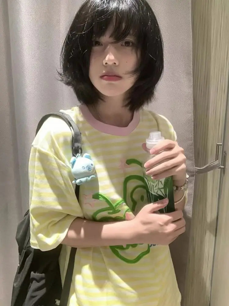 Apple Embroidery T Shirt Women Korean Style Striped Short Sleeved T-shirts Summer Y2k Clothes Gentle O Neck Tees Top voguable