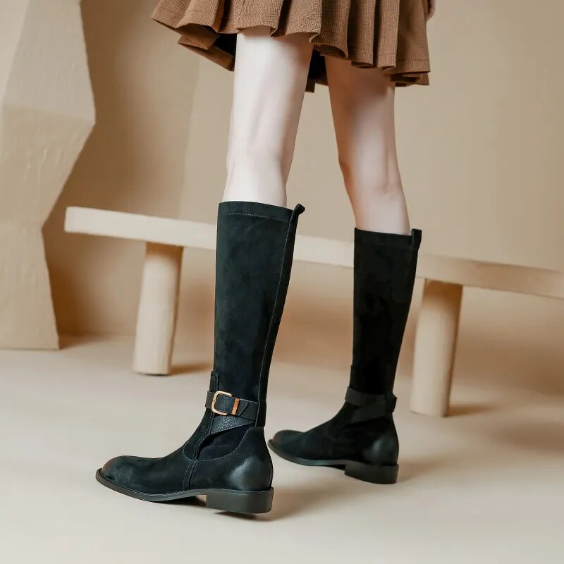 New Vintage Women Knee-High Boots Cow Suede Leather Thick Heels Office Ladies Working Shoes Woman Autumn Winter Retro Style voguable