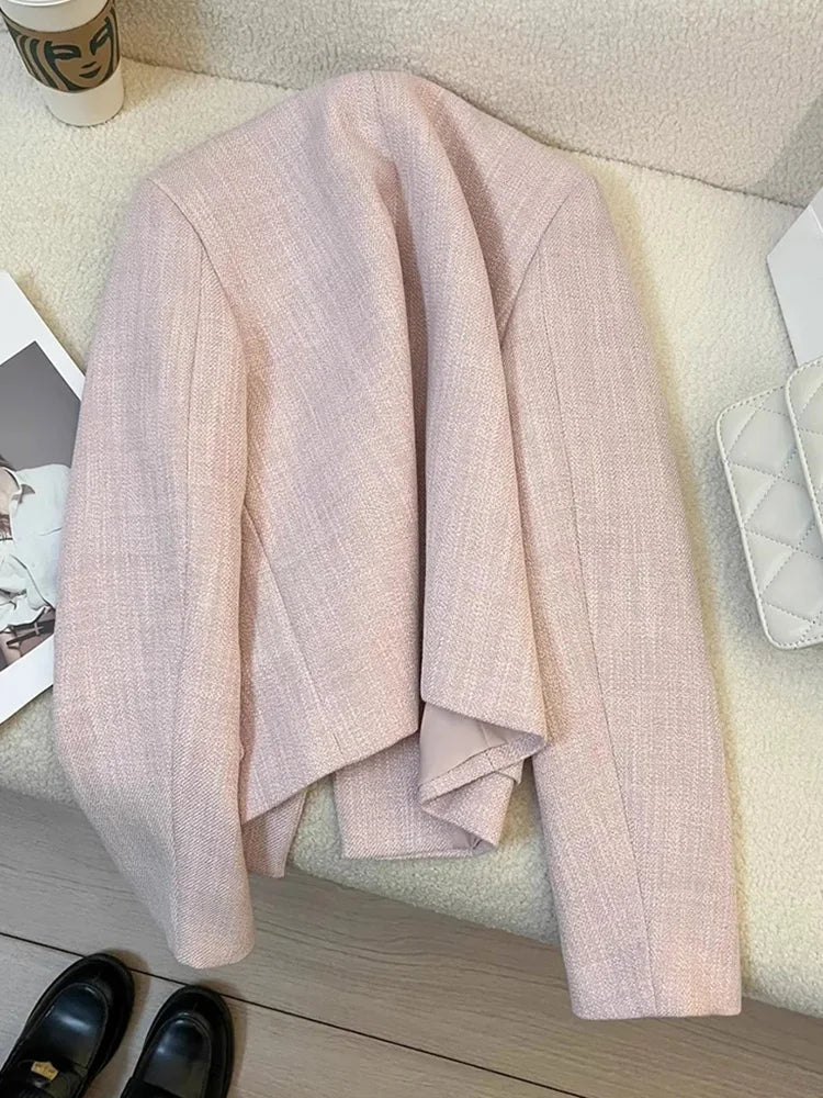 Elegant Women Pink Blazer Coat Sweet Long Sleeve Fashion Slim Suit Jacket Korean Chic O Neck Female Fall Winter Casual Outwear voguable