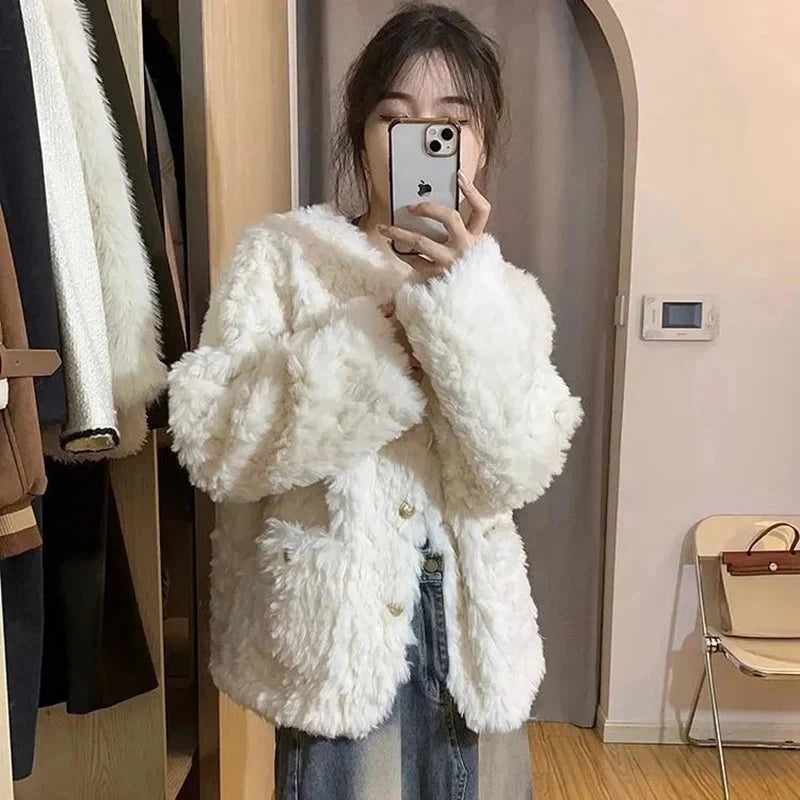 Winter Sweet Korean Faux Lamb Coat Women Vintage Warm Thick Long Sleeve Cute Jacket Casual O Neck Pockets Elegant White Tops New voguable