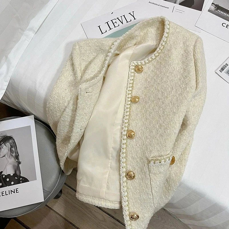 French Sweet Tweed Jacket Women O Neck Elegant Slim Long Sleeve Coat Vintage Casual Single Breasted Female Fall Winter Tops voguable