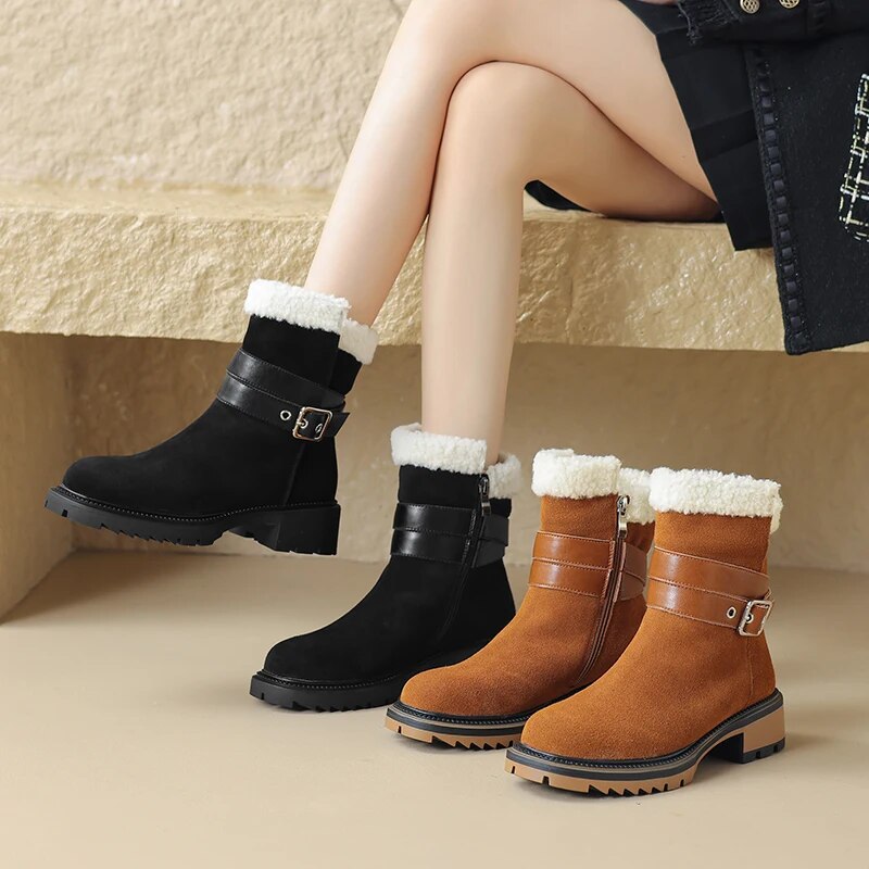 New Cow Suede Leather Snow Boots Women Warm Winter Boots Platform Boots Side Zipper Fashion Ankle Boots Shoes for Women voguable