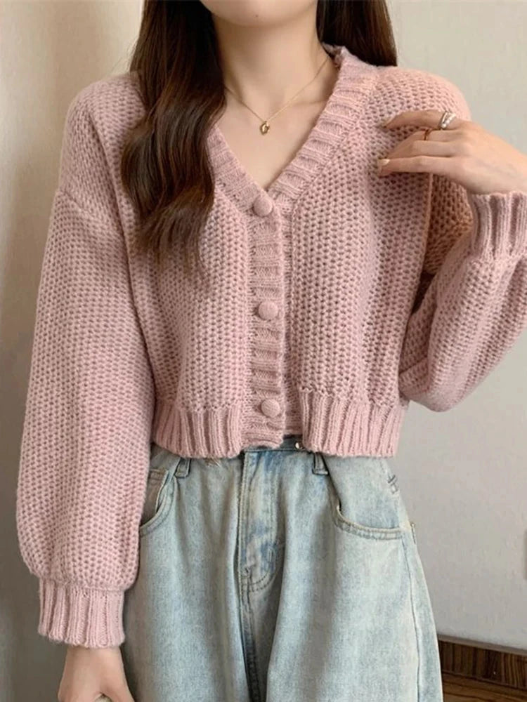 Sexy Cropped Sweet Cardigan Women V Neck Vintage Slim Long Sleeve Knitted Sweaters Korean Causal Simple Solid Lady Fall Tops New voguable