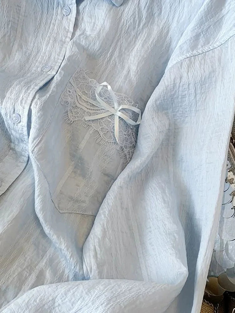 Blue Sweet Sun Proof Shirt Women Lace Patchwork Bow Korean Blouse Loose Fashion Long Sleeve Elegant Female Casual Cute Tops voguable