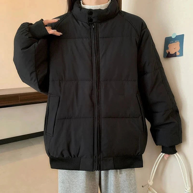 Preppy Style Sweet Pink Parkas Women Vintage Long Sleeve Winter Thick Warm Cotton Jacket Casual Stand Collar Loose Outwear voguable