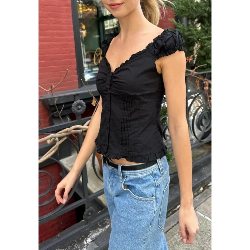 y2k Tank Top Women Summer Clothes Solid Color Cap Sleeve Button Down Slim Fit Frill T Shirt 2000s Vest Streetwear voguable