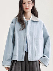 Blue Cargo Jacket Women Sweet Preppy Style Long Sleeve Retro Coat Casual Patchwork Turn Down Collar Korean Fall Outwear Top voguable