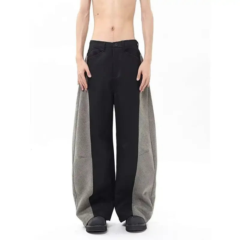 Voguable  Men's Panel Wide-Leg Pants Contrast Herringbone Side Stripe Baggy Fit voguable