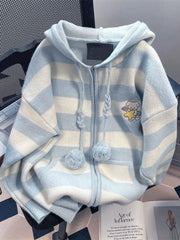 Cartoon Striped Hooded Cardigan Women Loose Cute Long Sleeve Sweet Knitted Sweater Preppy Style Female Kawaii Vintage Tops voguable