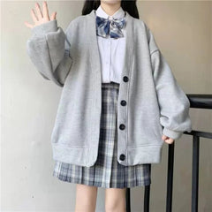 Japanese Preppy Style Autumn Winter New Coats Women V-Neck Solid Pockets Button Fashion Preppy Style Loose Cardigan Jackets voguable