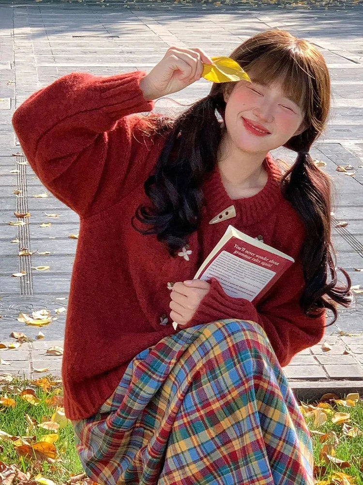 Christmas Red Sweet Cardigan Women Vintage Preppy Style Japan Knitted Sweater Casual Lazy Wind Female Fall Winter Tops New voguable