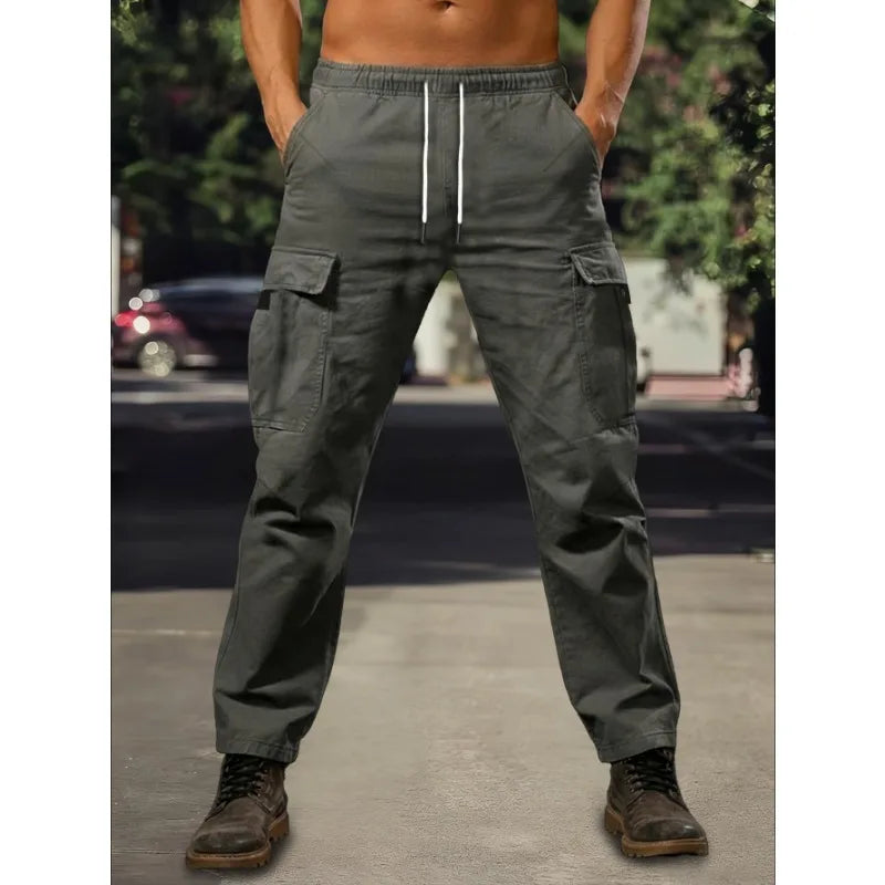 Voguable  Spring Autumn Cargo Pants Men Multi Pocket Work Trousers Slim Straight Outdoor Casual Joggers Mid Waist Sweatpants Man voguable