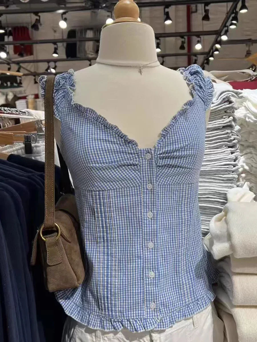 Ruffles White Basic Blouse Top for Woman Summer Folds Single Breasted Sleeveless Tank Tops Casual Cotton Vest Y2k Sweet Camisole voguable
