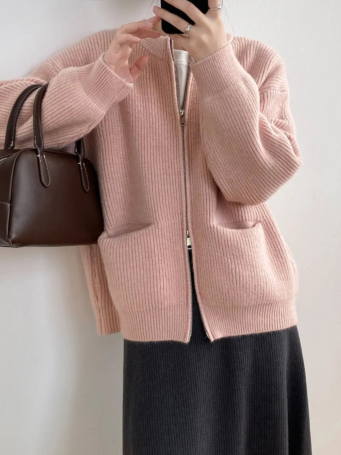 Sweater Cardigan Women Autumn Double Zipper Casual Korean Knitwear Coat Solid Color Loose Soft Long Sleeve Jackets Outerwear voguable