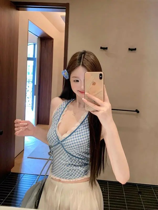 French Sweet Spicy Camis Hanging Neck Camisole Lace Patchwork Plaid Print Short Top Sexy Deep V-neck Bandage Halter Crop Tops voguable