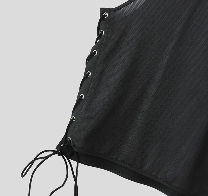 Men Tank Tops Solid Color Lace Up O-neck Sleeveless Sexy Male Vests Summer Streetwear Hollow Out Fashion Crop Tops voguable