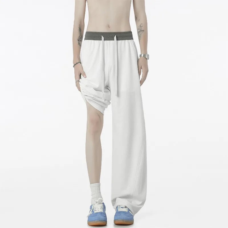 Voguable  Men Summer Thin Ice Silk Quick Dry Pants Color Block Curved Wide Leg Clean Fit Flared Straight Trousers With Drawstring Waist voguable