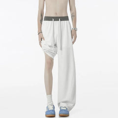 Voguable  Men Summer Thin Ice Silk Quick Dry Pants Color Block Curved Wide Leg Clean Fit Flared Straight Trousers With Drawstring Waist voguable