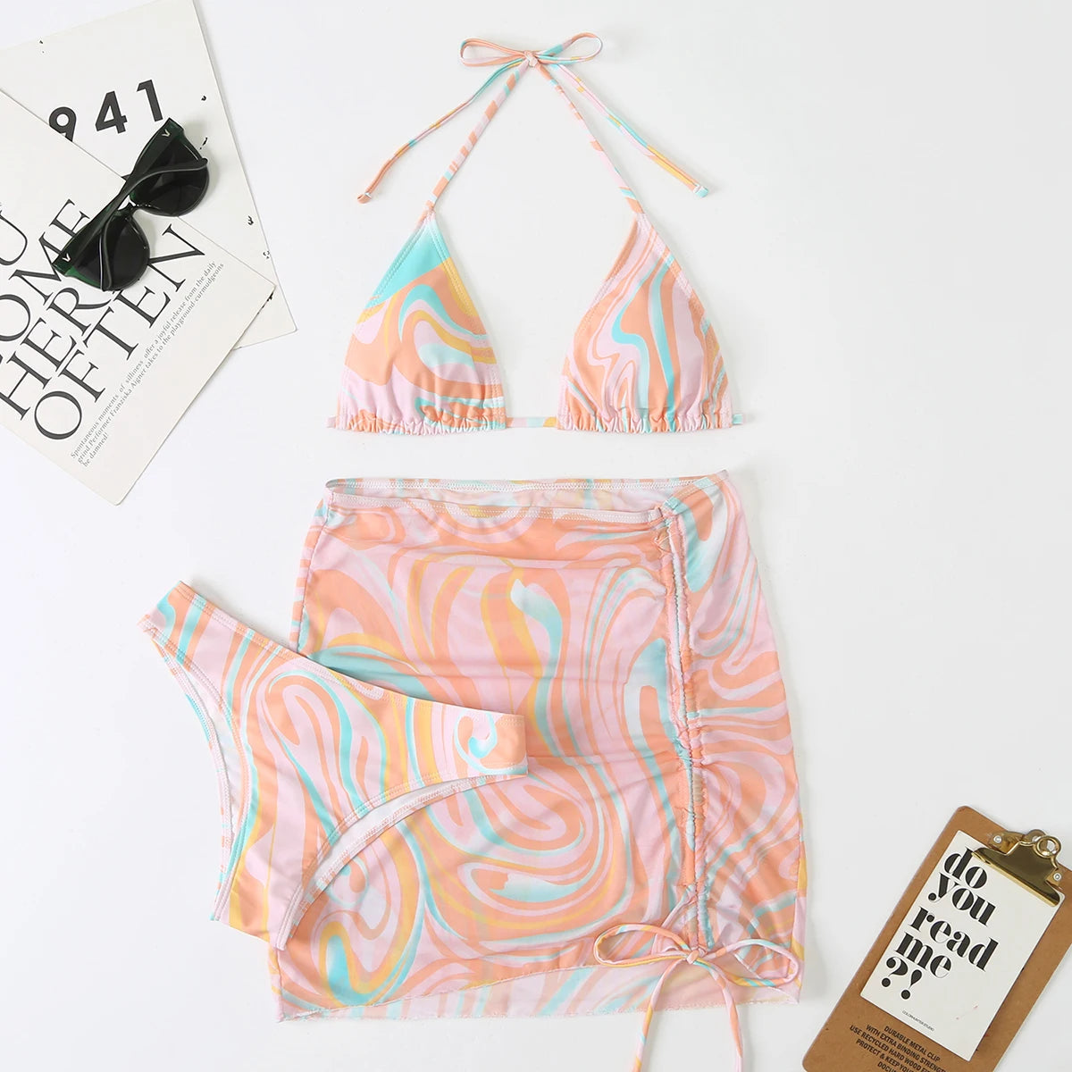 Voguable  3 Pieces Bikini Set With Skirt  Tie Dye String Thong Bathing Suit Women Swimsuit Female  Swimwear Beach Wear Swim Lady Summer voguable