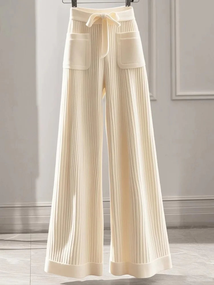 Elegant Sweet Knitted Pants Women Loose Fashion Pockets High Waist Trousers Casual Lady Fall Winter Lace Up Chic Wide Leg Pant voguable
