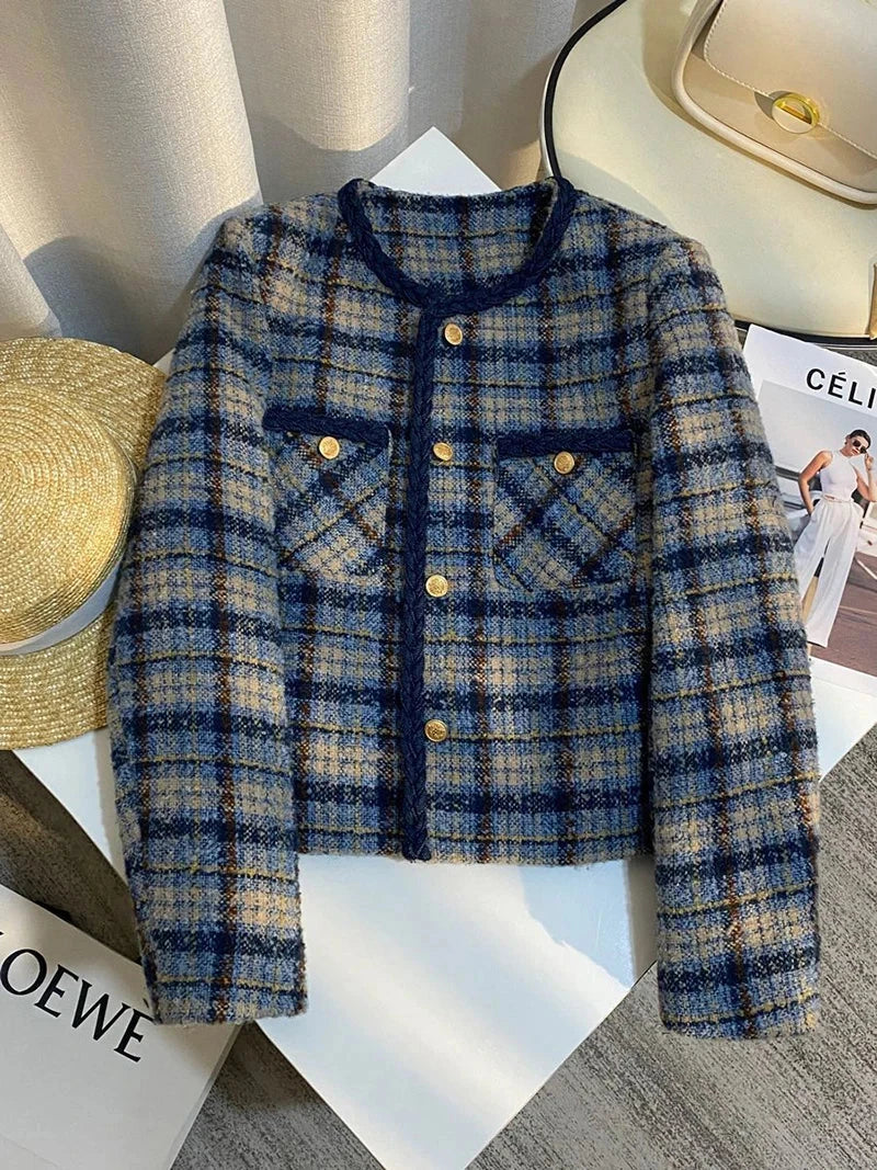 Thick Warm Elegant Tweed Jacket Women Slim Vintage Long Sleeve Winter Coat Korean Casual O Neck Female Retro Sweet Tops New voguable