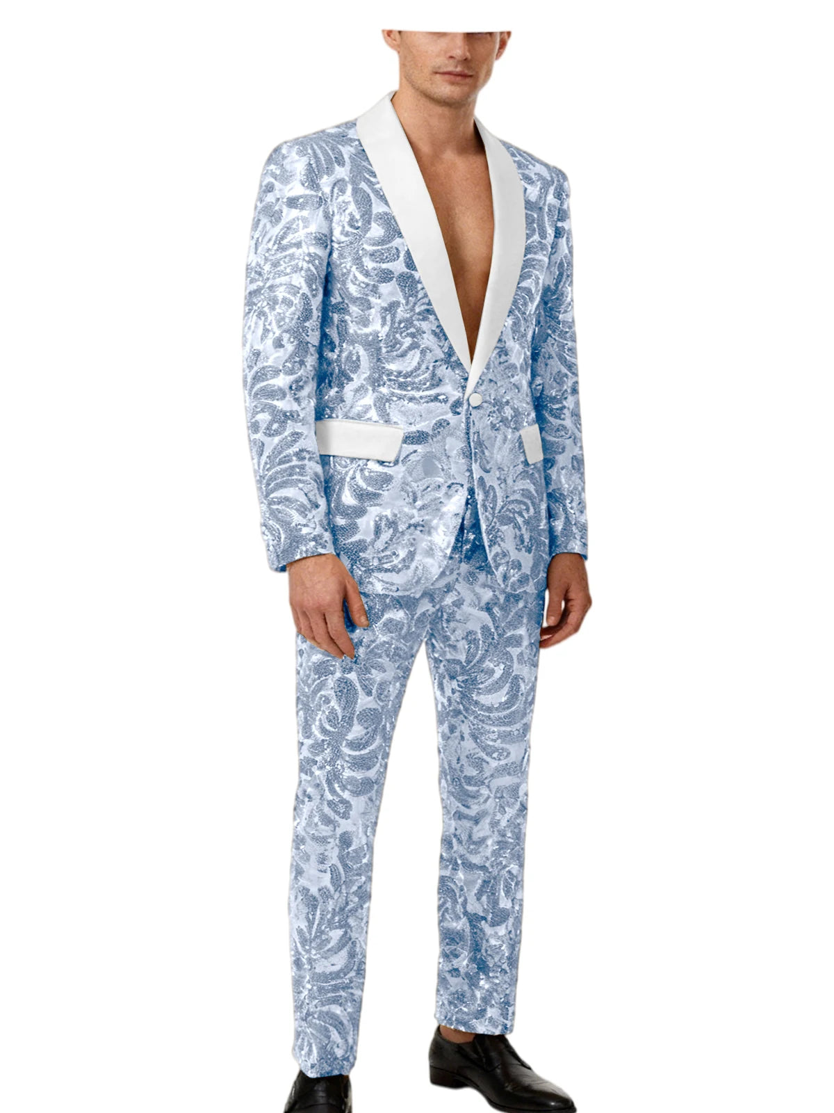 Voguable  Luxury Men's Sequin 2 Piece Set (Blazer+Pants) Shawl Collar 1 Button Slim Fit Sparkly Tuxedos Jacket Trousers for Wedding Party voguable