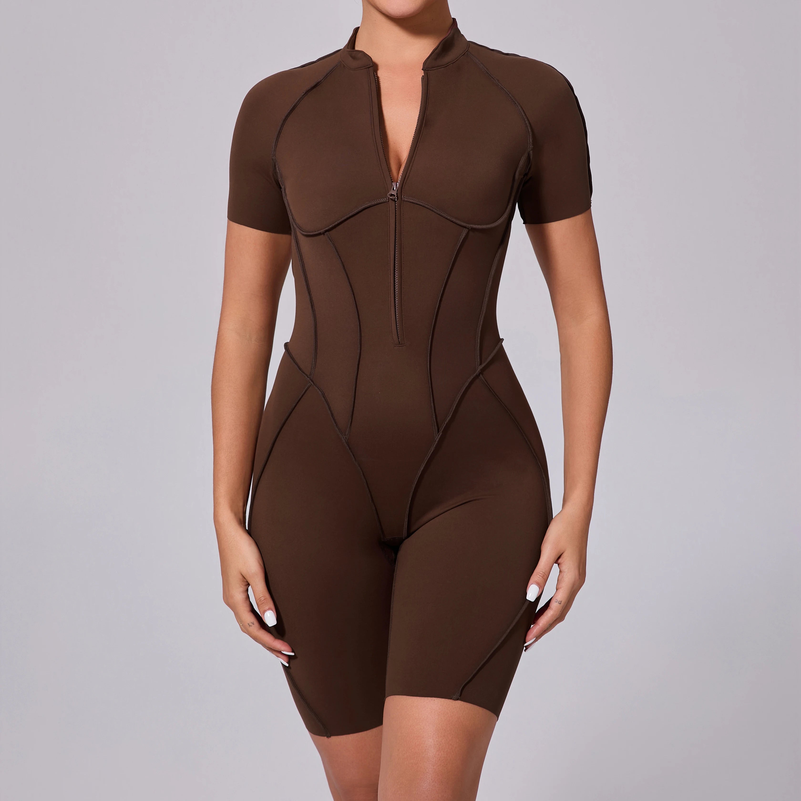 Voguable  Summer Zipper Workout Jumpsuit Sports Overalls Women Running Fitness Short Sleeve Yoga Bodysuit voguable