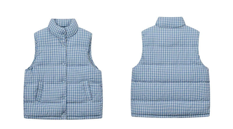 Cute Blue Plaid Puffy Vest Women Loose Vintage Sleeveless Warm Thick Winter Sweet Vest Coat Korean Preppy Style Outwear Top voguable