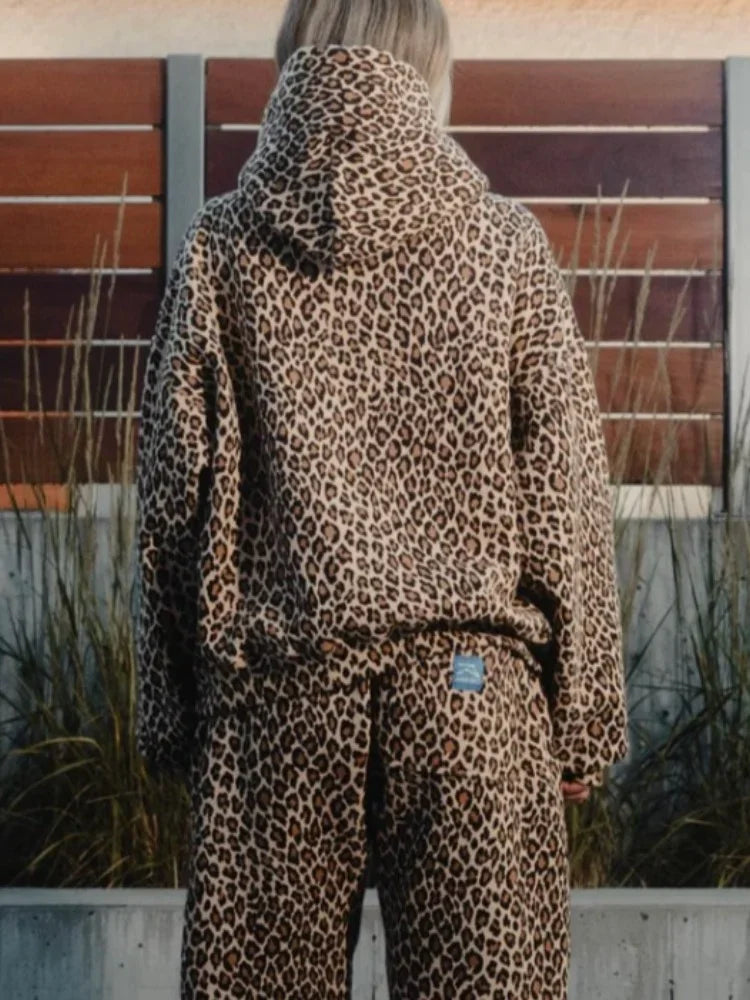 HOUZHOU Y2k Leopard Print Vintage Hoodies Women American Retro Fashion Streetwear Hiphop Oversized Hooded Sweatshirt Autumn 2024 voguable