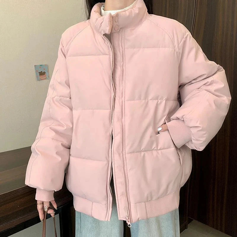 Preppy Style Sweet Pink Parkas Women Vintage Long Sleeve Winter Thick Warm Cotton Jacket Casual Stand Collar Loose Outwear voguable