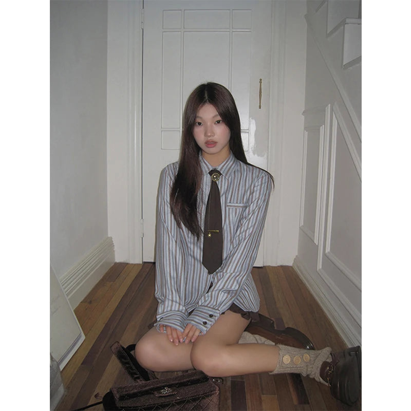MEXZT Y2K Harajuku Striped Shirts Women Vintage Streetwear Tie Long Sleeve Blouses Korean Preppy Slim All Match Tops Spring New voguable
