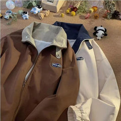 Vintage Brown Letter Jacket American Workwear Preppy Varsity Coat Women's Spring Autumn Hoodless Zipper Bomber Jacket voguable