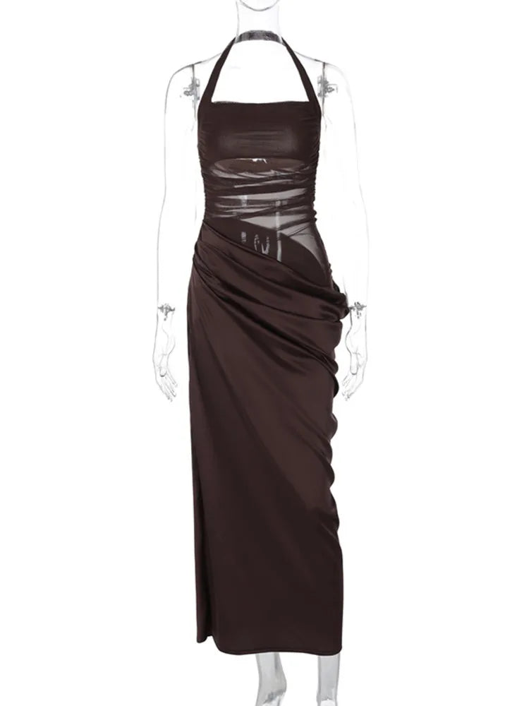 Mesh Patchwork Backless Sexy Maxi Dress For Women Gown Fashion Halter Sleeveless Strapless Bodycon Club Long Dress voguable