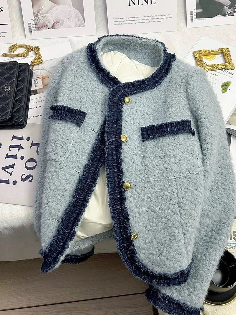 Sweet Thick Warm Tweed Jacket Women O Neck Long Sleeve Winter Cotton Coat Elegant Fashion Patchwork Korean Chic Outwear Top voguable
