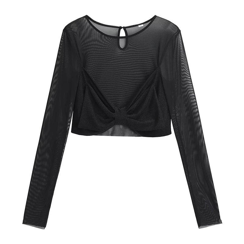 Voguable  Spring 2024 Women Sexy Semi-sheer Patchwork Mesh T Shirt Long Sleeve O Neck Black Tee Summer Crop Top voguable