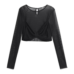 Voguable  Spring 2024 Women Sexy Semi-sheer Patchwork Mesh T Shirt Long Sleeve O Neck Black Tee Summer Crop Top voguable